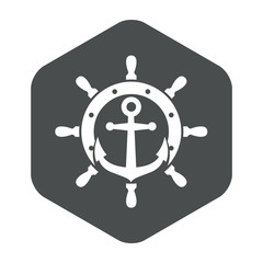 Icono plano ancla sobre timón en hexágono color gris
