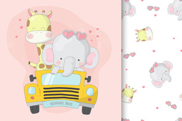 Cute giraffe and elephant on school bus with seamless pattern set.