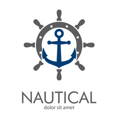 Logotipo abstracto con texto NAUTICAL con ancla sobre timón en gris y azul © teracreonte