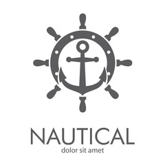 Obraz premium Logotipo abstracto con texto NAUTICAL con ancla sobre timón en color gris