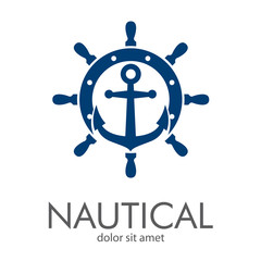 Logotipo abstracto con texto NAUTICAL con ancla sobre timón en color azul © teracreonte
