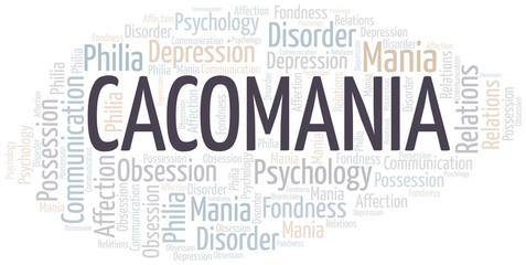 Cacomania word cloud. Type of mania, made with text only.