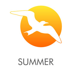 Logotipo abstracto con texto SUMMER con gaviota en espacio negativo en circulo color naranja