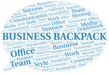 Business Backpack word cloud. Collage made with text only.
