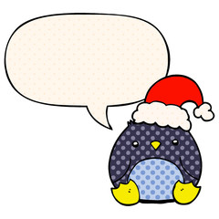 cute cartoon penguin wearing christmas hat and speech bubble in comic book style