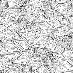 unusual seamless pattern with the image of a girl with long hair