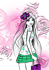 Girl cartoon illustration, t-shirt graphic