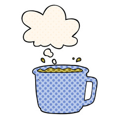 cartoon coffee cup and thought bubble in comic book style