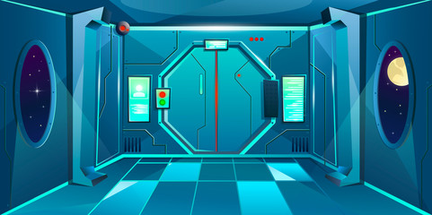 Hallway in spaceship with porthole and camera . Futuristic interior room with door. Background for games and mobile applications. Vector cartoon background