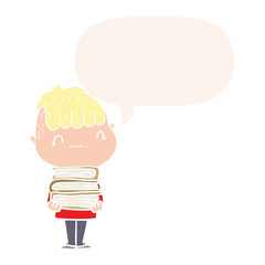 cartoon friendly boy and books and speech bubble in retro style