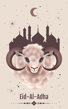 Feast Of Sacrifice Eid Al Adha Greeting Card. Ram Head