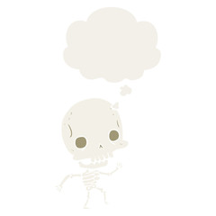 cartoon skeleton and thought bubble in retro style