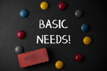 Word writing text Basic Needs. Business photo showcasing measurement of absolute poverty in developing countries Round Flat shape stones with one eraser stick to old chalk black board