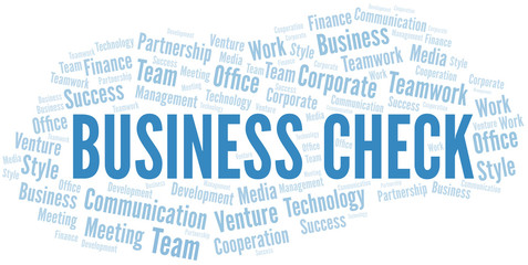 Business Check word cloud. Collage made with text only.