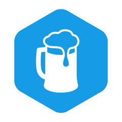 Icono plano jarra cerveza en hexágono color azul