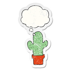 cartoon cactus and thought bubble as a distressed worn sticker