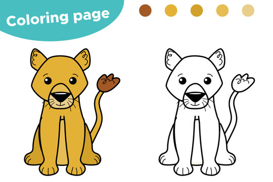 Cute cartoon lion cub character. Vector lion is sitting. Coloring page for children. African animals.