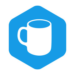 Icono plano taza café en hexágono color azul