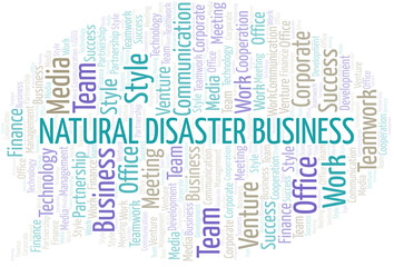 Natural Disaster Business word cloud. Collage made with text only.