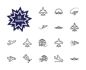 Set of Plane vector line icon. It contains symbols to aircraft, globe and more. Editable Stroke. 32x32 pixels.