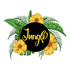 Tropical Hawaiian jungle party invitation with palm leaves and hibiscus