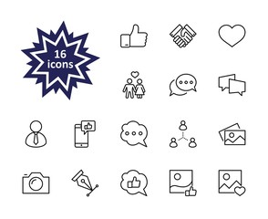 Set of Social Networks Related Vector Line Icons. Contains such Icons as Profile Page, Rating, Social Links and more. Editable Stroke. 32x32 Pixel Perfect.