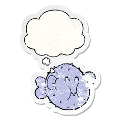 cartoon puffer fish and thought bubble as a distressed worn sticker