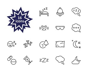 Sleep Vector Line Icons Set. Contains such Icons as Alarm Clock, Bed, Insomnia, Pillow, Sleeping Pills, Bell, Glasses for sleep, Bubble and more. Editable Stroke. 32x32 Pixel Perfect