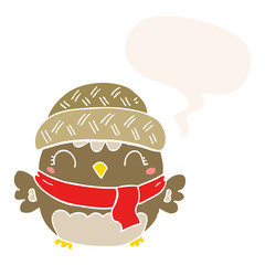 cute cartoon owl in hat and speech bubble in retro style