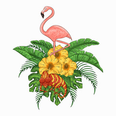 Obraz premium Flamingo and chameleon party invitation. Tropical Hawaiian poster.