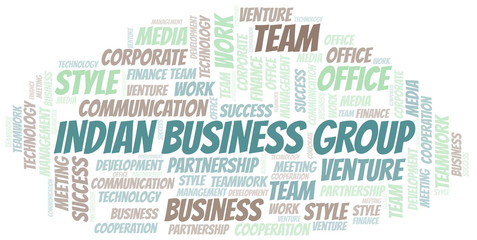 Indian Business Group word cloud. Collage made with text only.