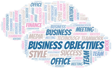 Business Objectives word cloud. Collage made with text only.