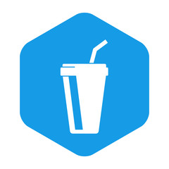 Icono plano vaso de refresco con tapa en hexágono color azul