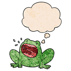 cartoon frog shouting and thought bubble in grunge texture pattern style