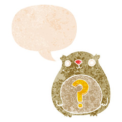 cartoon curious bear and speech bubble in retro textured style