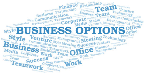 Business Options word cloud. Collage made with text only.