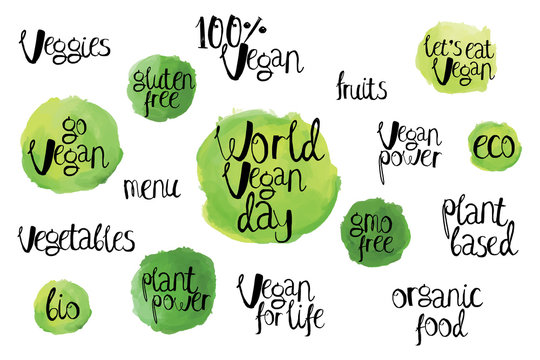 Organic, vegan product lettering set in doodle style, labels kit