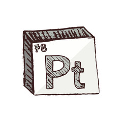 Vector three-dimensional hand drawn chemical silvery white symbol of metal platinum with an abbreviation Pt from the periodic table of the elements isolated on a white background