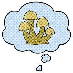 cartoon mushrooms and thought bubble in comic book style