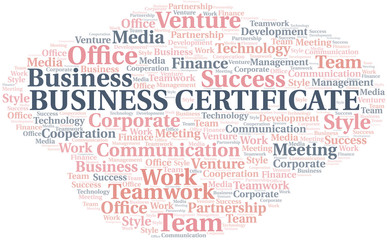 Business Certificate word cloud. Collage made with text only.