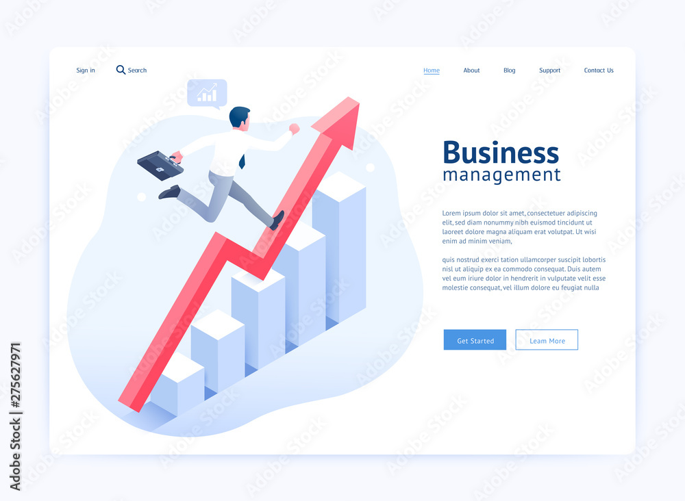 Wall mural business management website ui/ux design. businessman running on red arrow and infographic elements.
