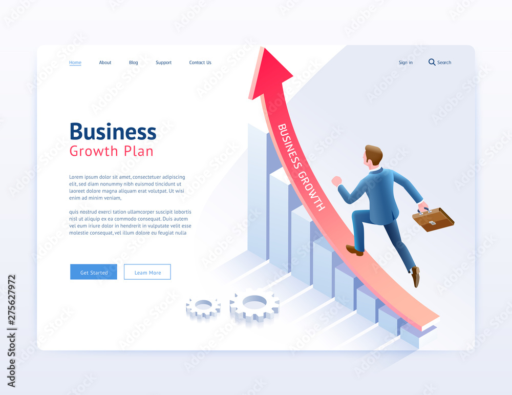 Wall mural business growth plan website ui/ux design. businessman running on red arrow and infographic isometri