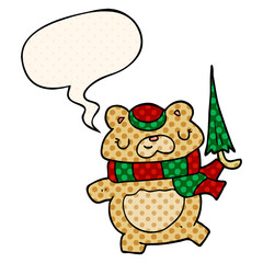 cartoon bear and umbrella and speech bubble in comic book style