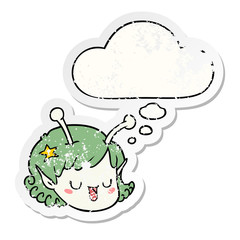 cartoon alien space girl face and thought bubble as a distressed worn sticker