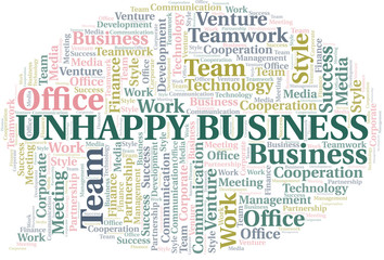 Unhappy Business word cloud. Collage made with text only.