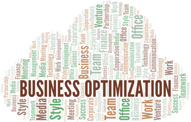 Business Optimization word cloud. Collage made with text only.