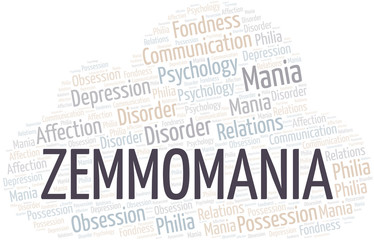 Zemmomania word cloud. Type of mania, made with text only.