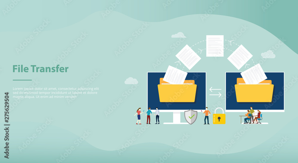 Poster file transfer concept with folder and files transfering move with team people for website or landing