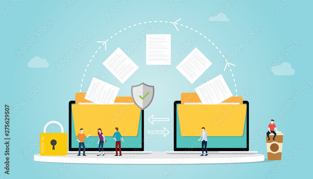 Poster file transfer concept with folder and files transfering move with security and padlock and team peop