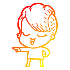 warm gradient line drawing happy cartoon girl pointing